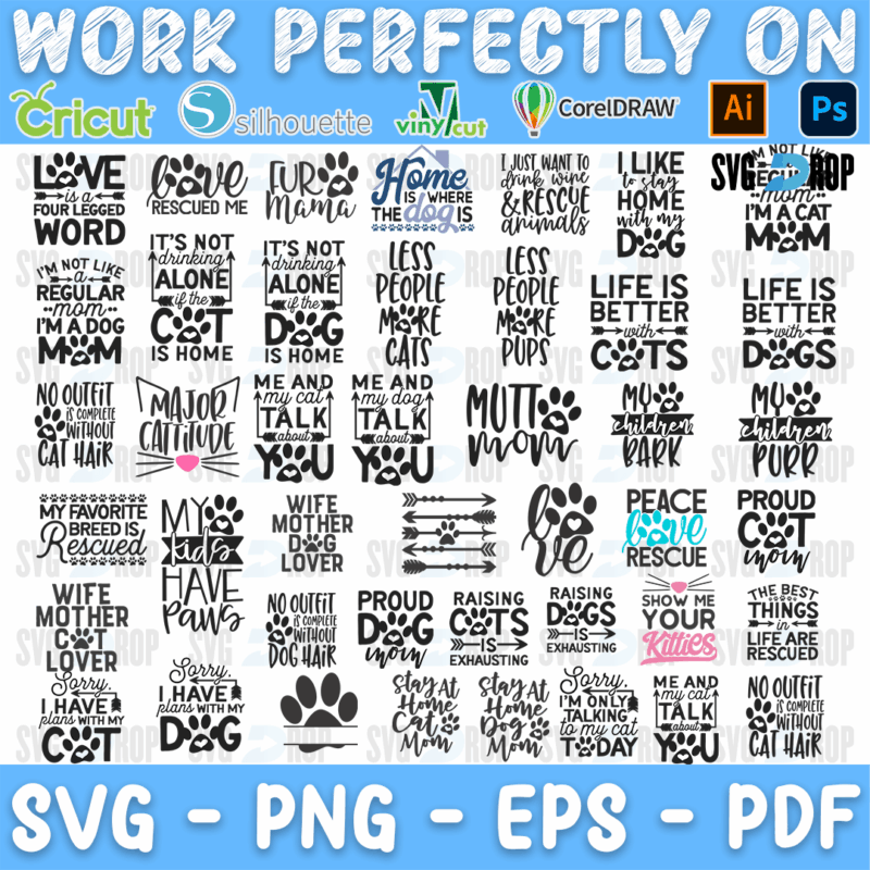 A set of black pet lover quotes: Love Is a Four Legged Word, Less People More Cats, Life Is Better With Cats, Proud Dog Mom, Wife Mother. SVG bundle