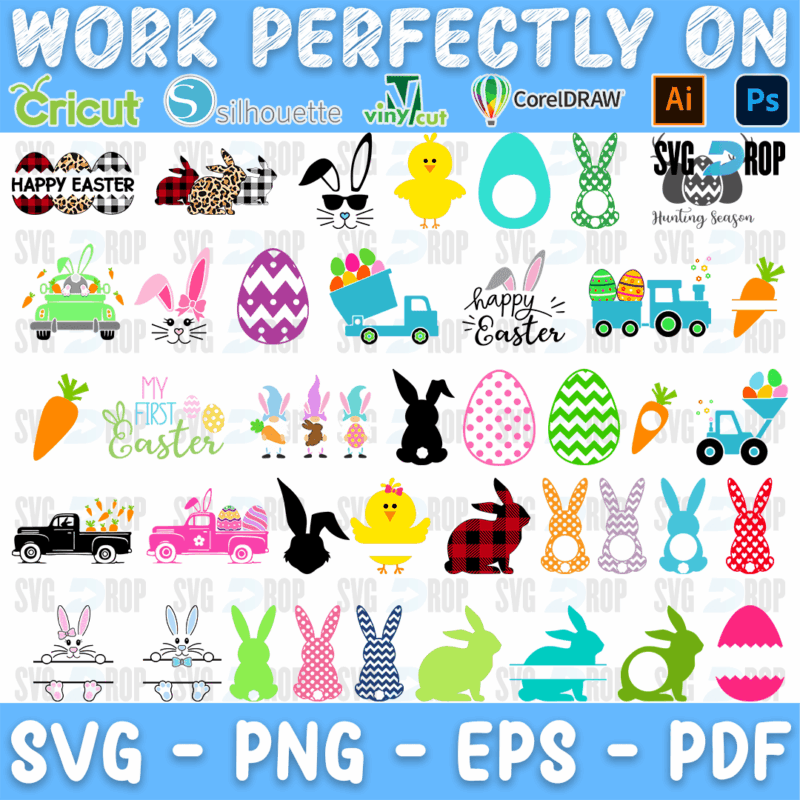 A full color Easter collection: Happy Easter lettering, bunnies in leopard and buffalo plaid, patterned eggs, chicks, carrots, gnomes. SVG bundle