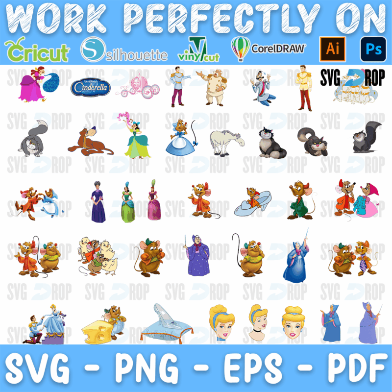 A large sheet of Cinderella movie clipart: Jaq and Gus and the other mice, Lucifer the cat, the stepsisters, the Fairy Godmother. SVG bundle