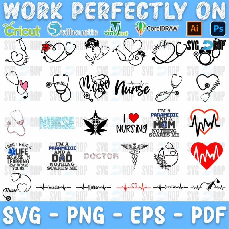 A nurse and doctor design set: stethoscopes shaped into hearts, Nurse lettering, I Love Nursing, paramedic mom and dad sayings. SVG bundle