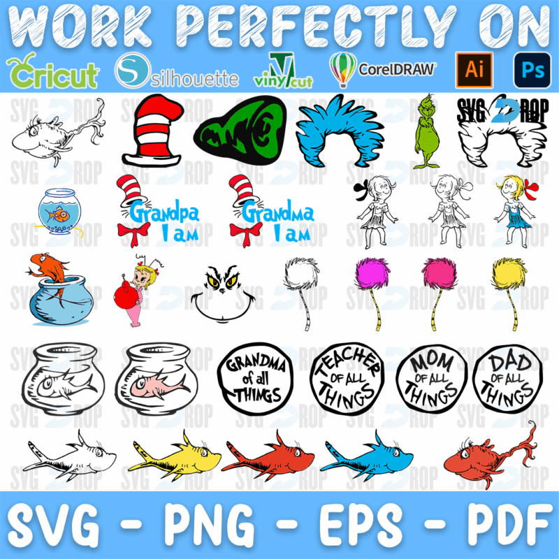 A Dr Seuss sheet: the Grinch, a striped hat, fish bowls, Truffula trees, Grandpa and Grandma I Am, Teacher, Mom and Dad of All Things. SVG bundle