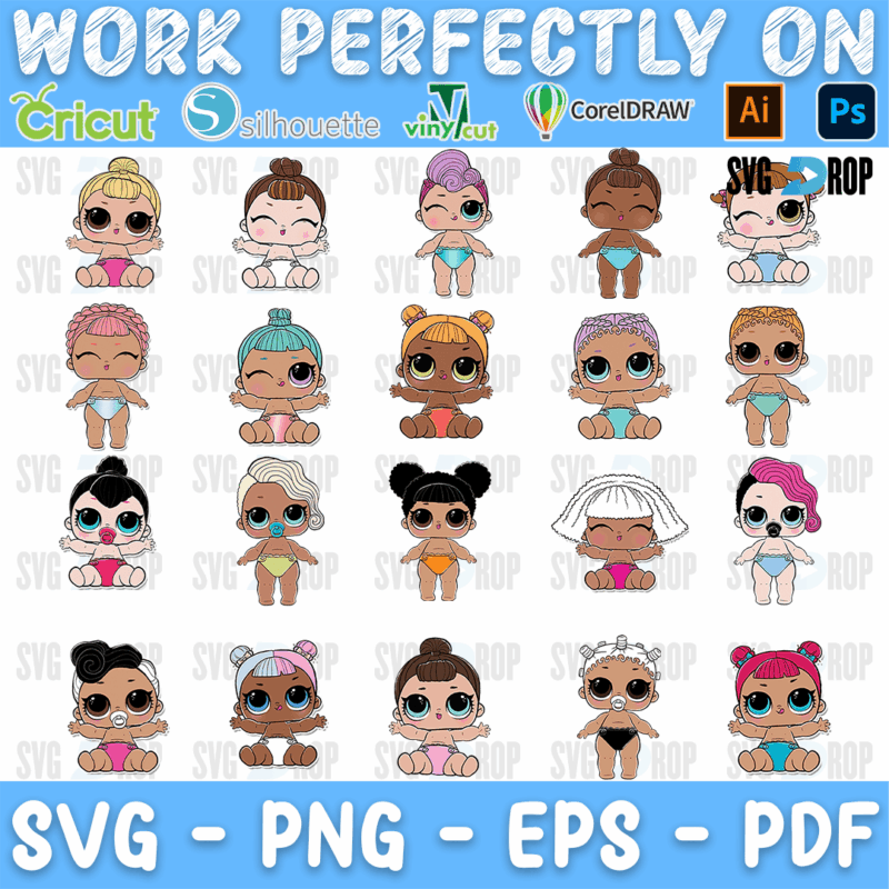 A full color LOL Surprise design set of baby dolls sitting with pacifiers and bows, in different skin tones, hair colors and hairstyles. SVG bundle
