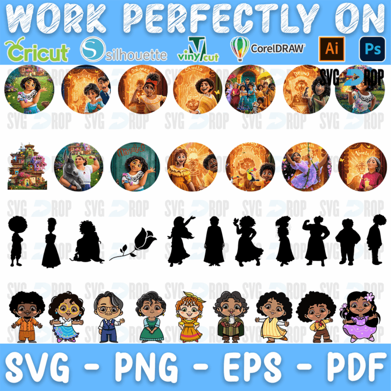 A sheet of Encanto designs: round movie scene circles, black silhouettes of the family and a row of cute chibi Madrigals. SVG bundle