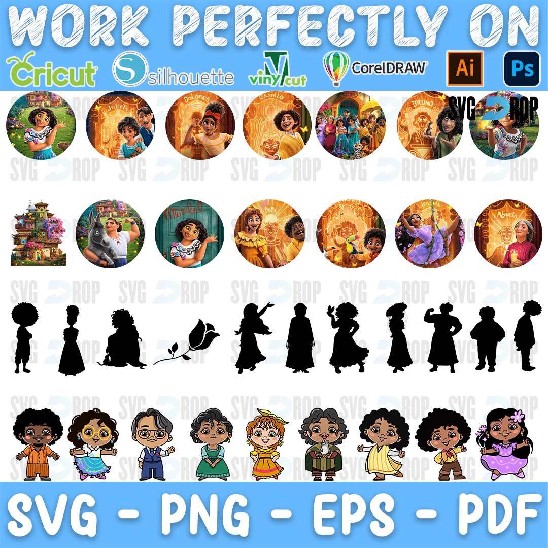 A sheet of Encanto designs: round movie scene circles, black silhouettes of the family and a row of cute chibi Madrigals. SVG bundle