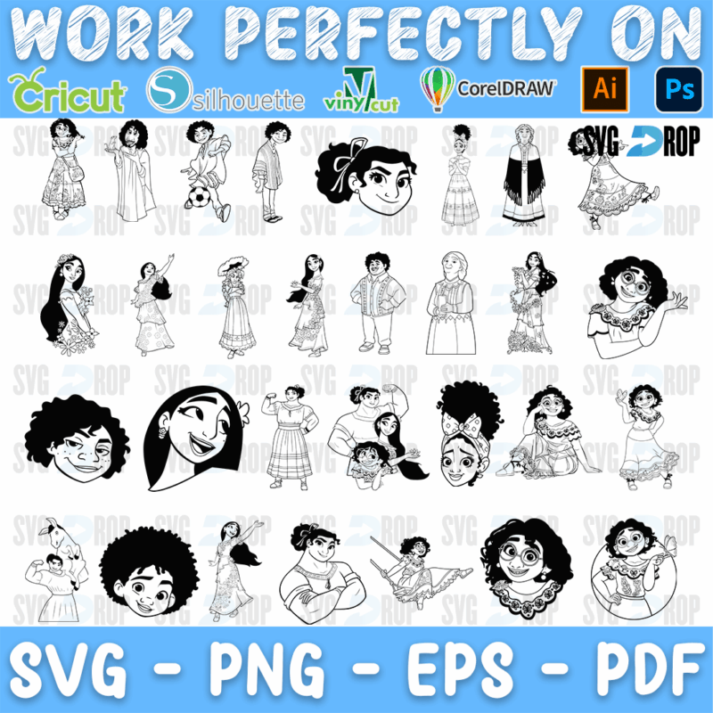 A set of black line art Encanto characters for coloring or single color cuts: Mirabel, Isabela, Luisa, Bruno, Abuela, Antonio and other. SVG bundle
