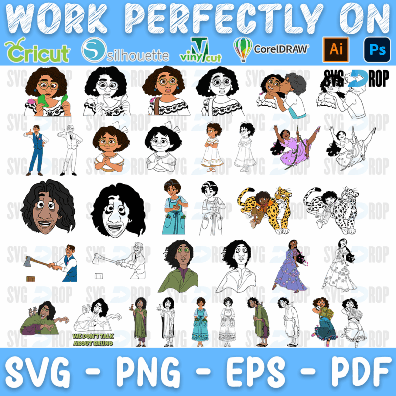 A sheet of Encanto characters in black line art and full color: Mirabel, Bruno, Luisa, Isabela, Abuela and other family members, plus. SVG bundle