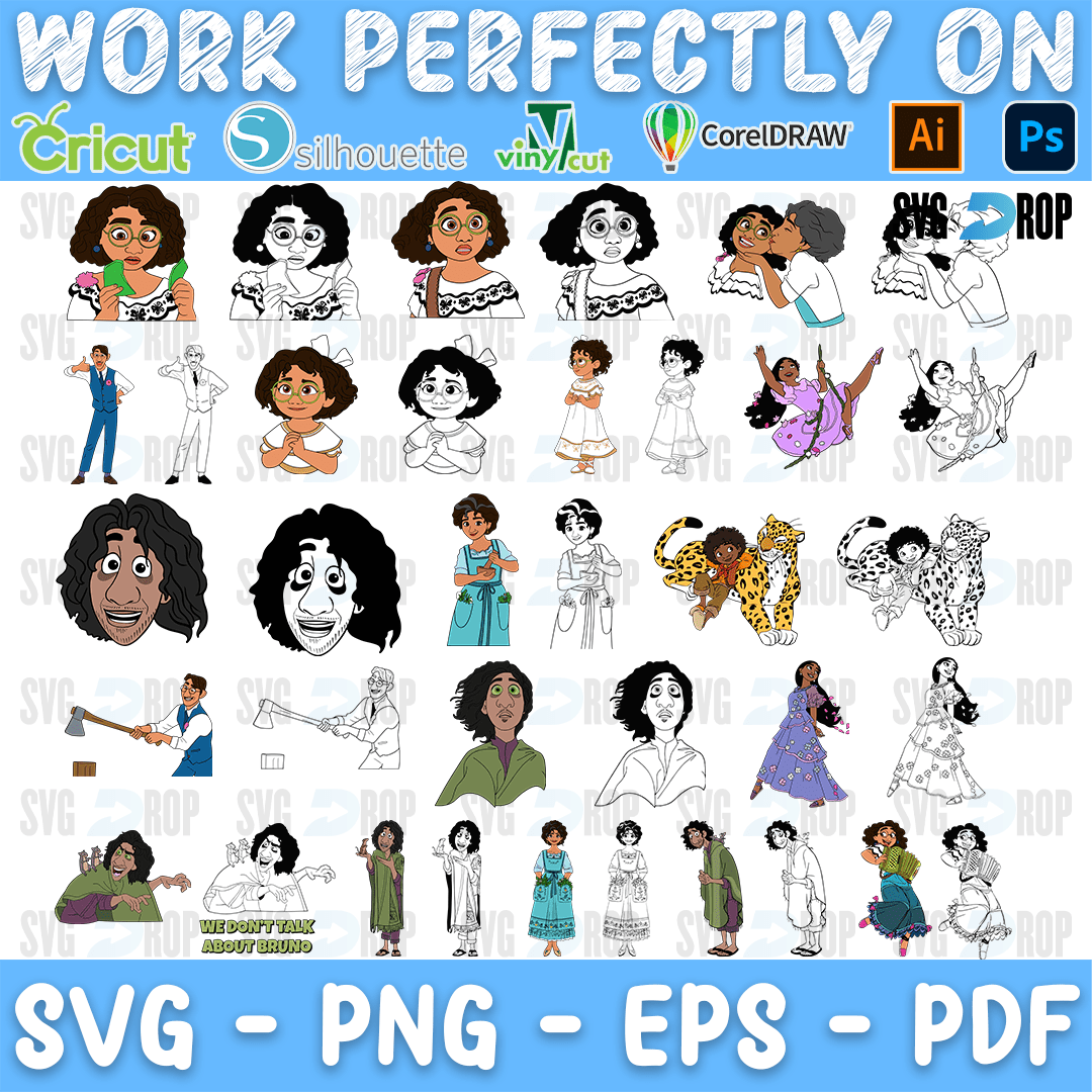 A sheet of Encanto characters in black line art and full color: Mirabel, Bruno, Luisa, Isabela, Abuela and other family members, plus. SVG bundle