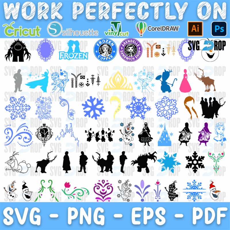 A Frozen set: Frozen and coffee logos, blue snowflakes and swirls, a crown, the ice castle, Marshmallow, Sven, black character. SVG bundle