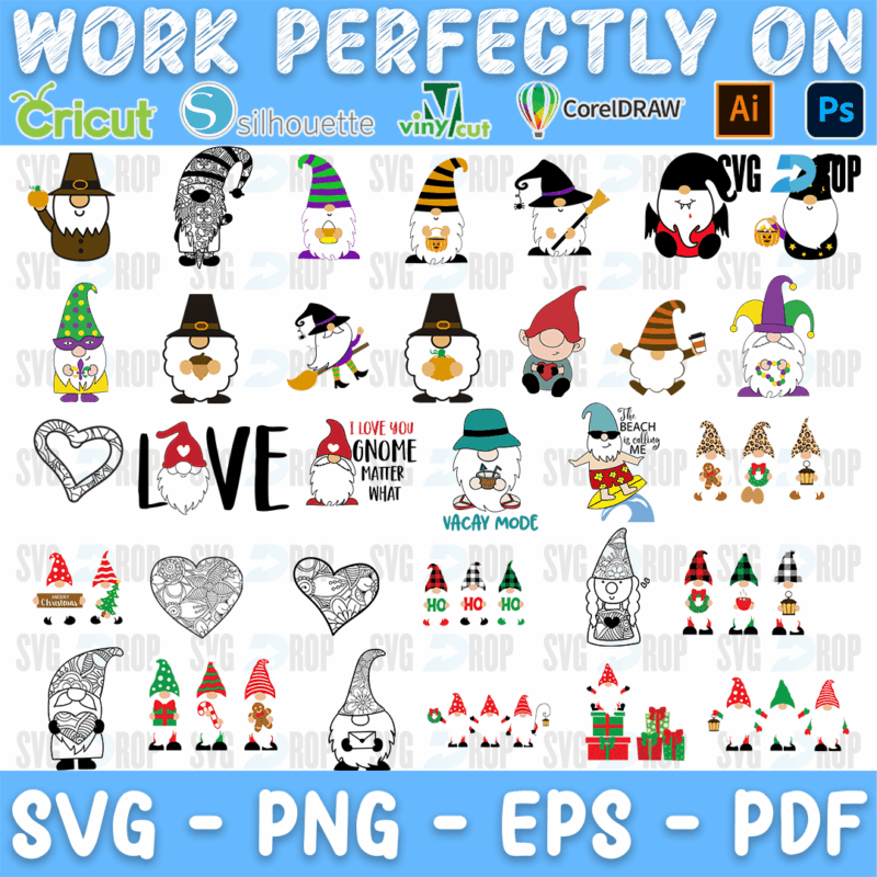 A set of gnomes for Thanksgiving, Halloween and Christmas, a LOVE design with a gnome, gnome hearts in mandala and outline style and an I. SVG bundle