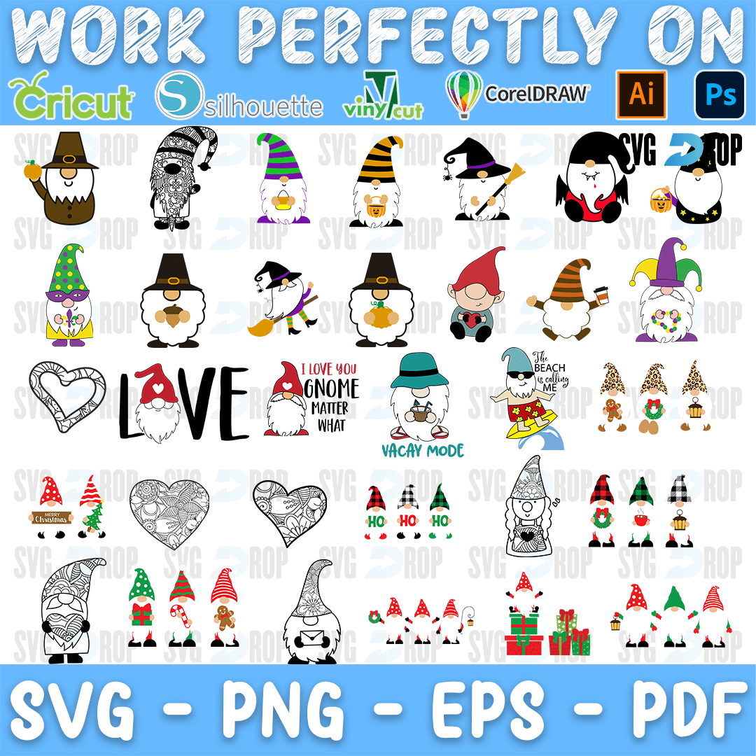 A set of gnomes for Thanksgiving, Halloween and Christmas, a LOVE design with a gnome, gnome hearts in mandala and outline style and an I. SVG bundle