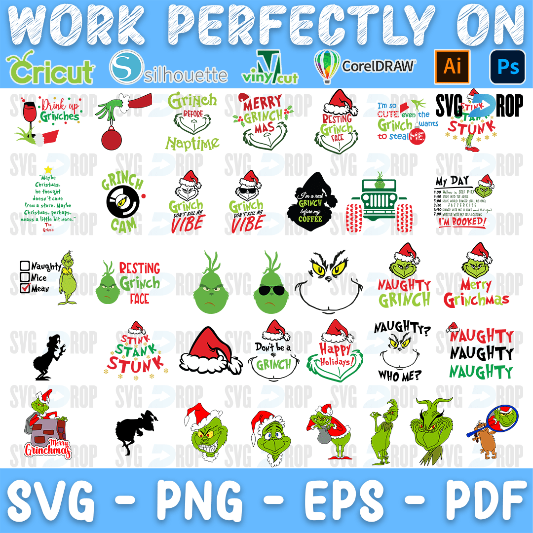 A bundle of Grinch designs: Grinch Vibe, Resting Grinch Face, Stink Stank Stunk, Naughty Naughty Naughty, Merry Grinchmas, Grinch Cam. SVG bundle