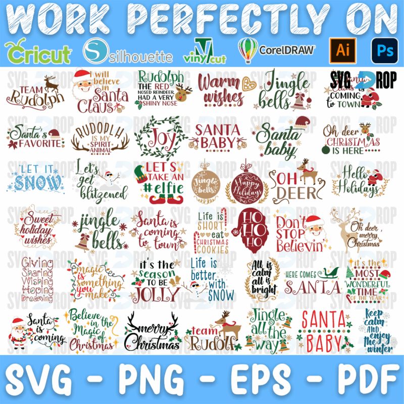 A bundle of Christmas lettering: Team Rudolph, Warm Wishes, Jingle Bells, Santa Baby, Let’s Get Elfie, Oh Deer, Let It Snow, Holly Jolly. SVG bundle