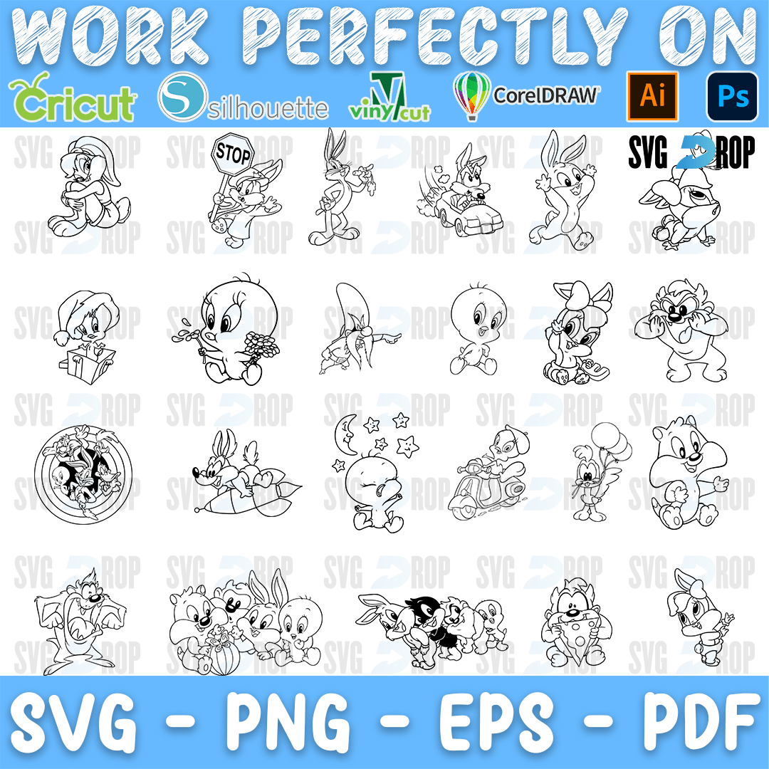 A sheet of black outline baby Looney Tunes line art: Baby Tweety, Baby Bugs, Baby Taz, Baby Daffy and friends with a stop sign and toys. SVG bundle
