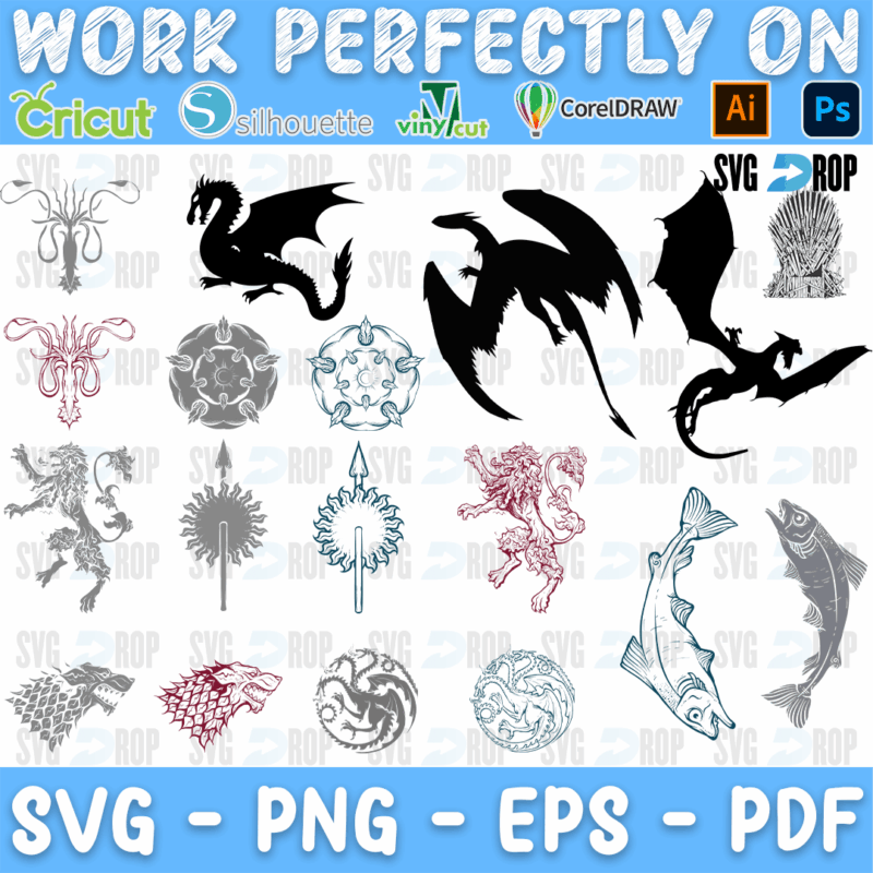 Black and gray Game of Thrones sigils: dragons, a kraken, a lion, a rose, a fish, a direwolf and a stag, with three large dragon. SVG bundle