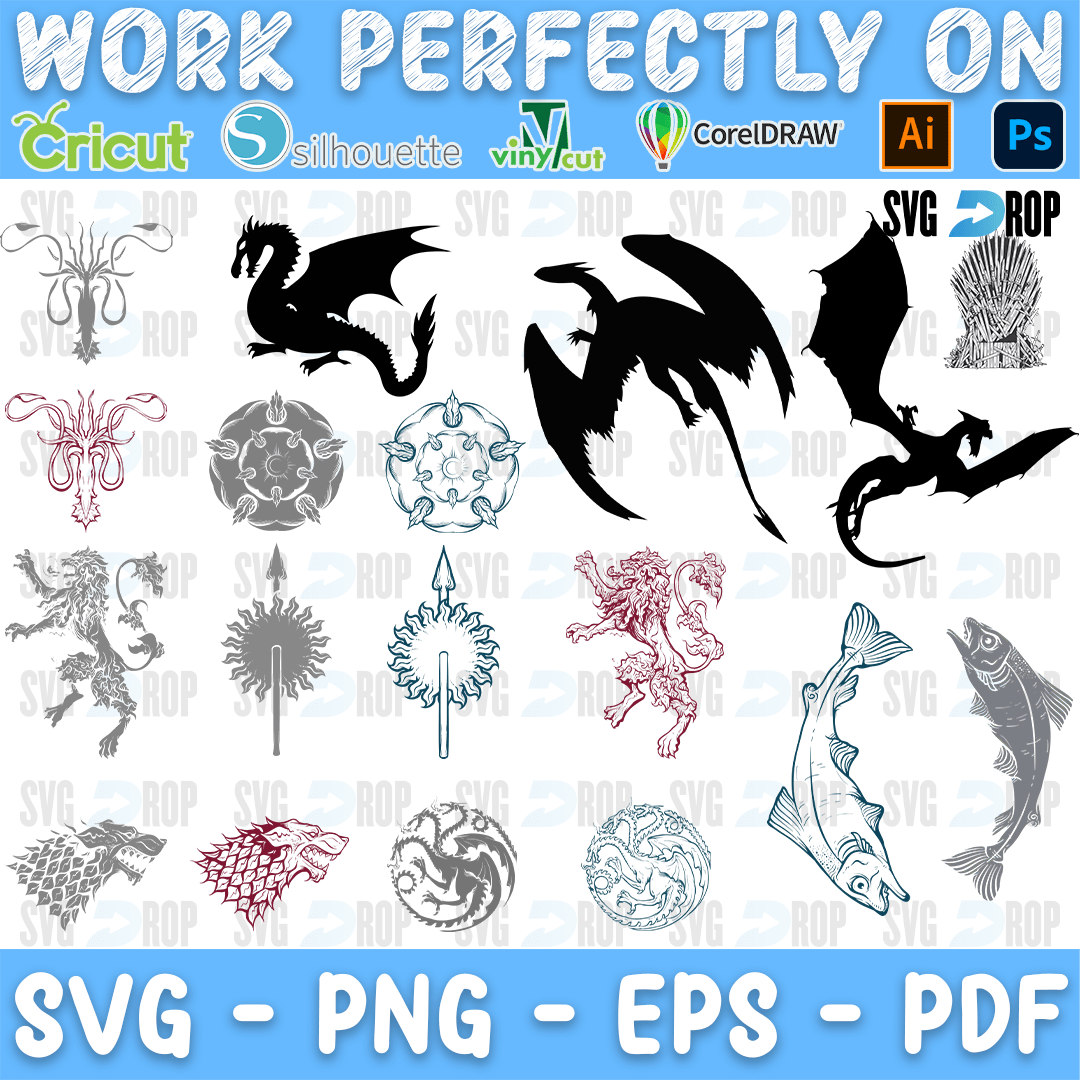 Black and gray Game of Thrones sigils: dragons, a kraken, a lion, a rose, a fish, a direwolf and a stag, with three large dragon. SVG bundle