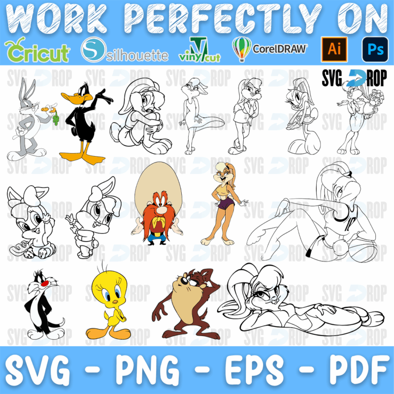 A Looney Tunes mix of color and outline designs: Bugs Bunny, Daffy Duck, Lola Bunny, Yosemite Sam, Tweety, Sylvester and Taz. SVG bundle