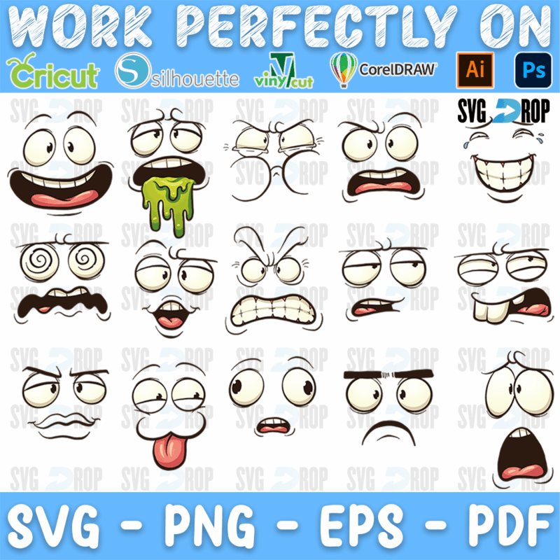 A sheet of cartoon face expressions: googly eyes and mouths that laugh, drool, frown, shout, stick out a tongue and look dizzy, angry. SVG bundle