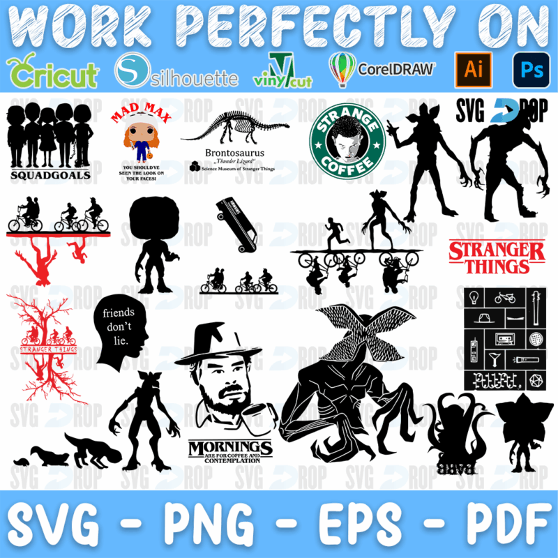 A sheet of black Stranger Things silhouettes: kids on bikes, the Demogorgon, Hopper, a brontosaurus, the alphabet light wall and Squad. SVG bundle