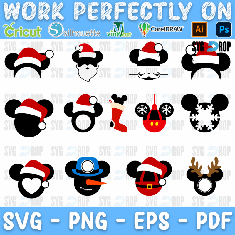 Mickey Mouse Christmas Black and Red Heads Bundle SVG