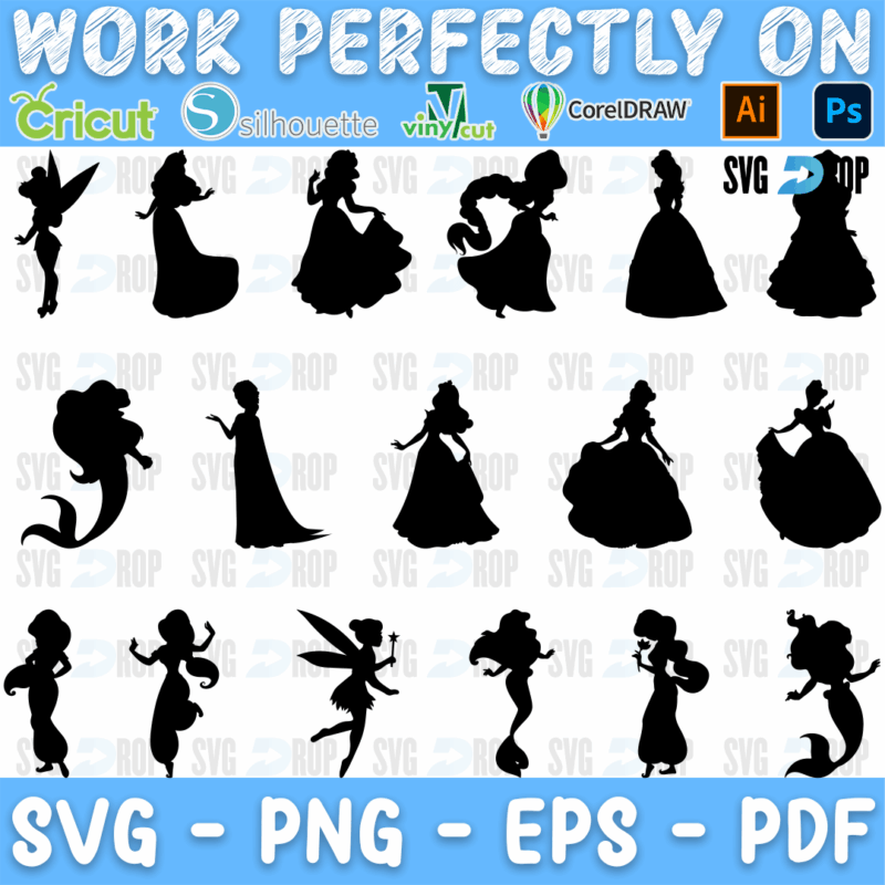 A sheet of black princess silhouettes: Tinker Bell, Ariel as a mermaid, Belle, Jasmine, Cinderella, Snow White, Pocahontas and other. SVG bundle