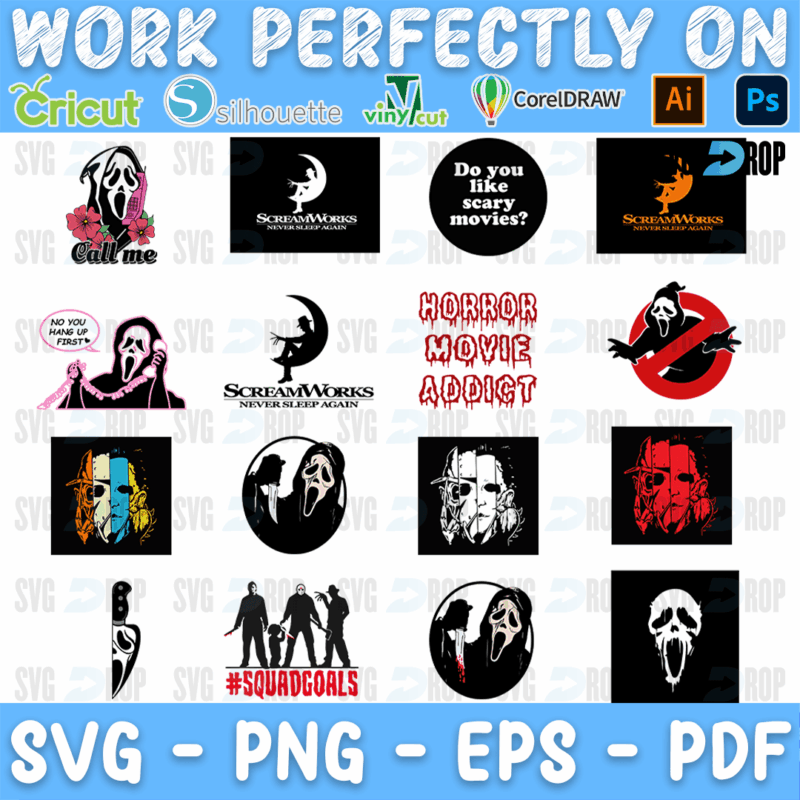 A horror movie design sheet with Ghostface, Call Me, Do You Like Scary Movies, Horror Movie Addict, Screamworks parodies, #Squadgoals. SVG bundle