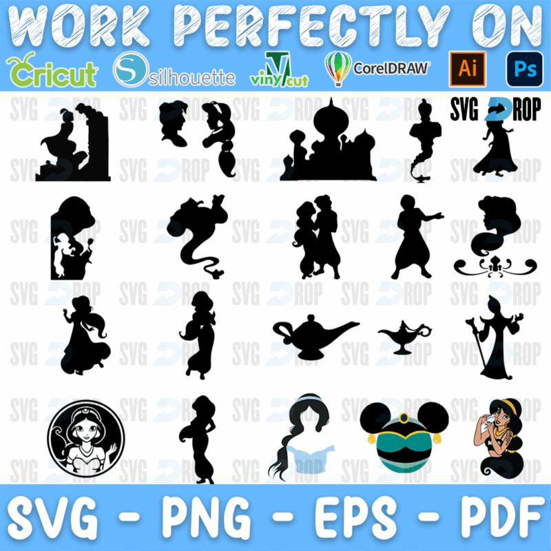 A sheet of black Aladdin silhouettes: Jasmine, Aladdin, the Genie, the magic lamp, the palace, a Jasmine portrait in a circle and Mickey. SVG bundle