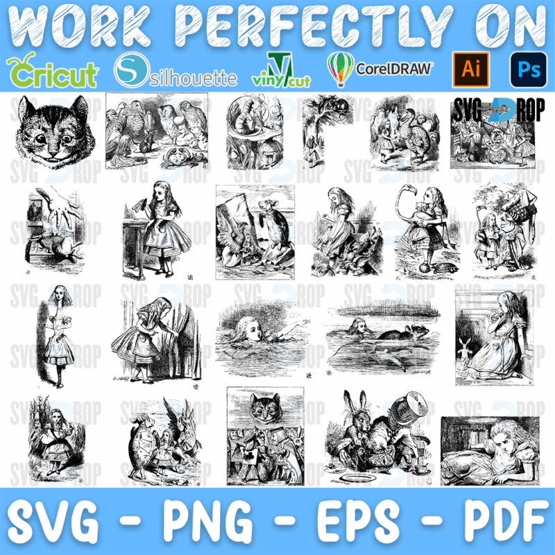 Alice in Wonderland Vintage Cheshire Cat Engravings Bundle SVG