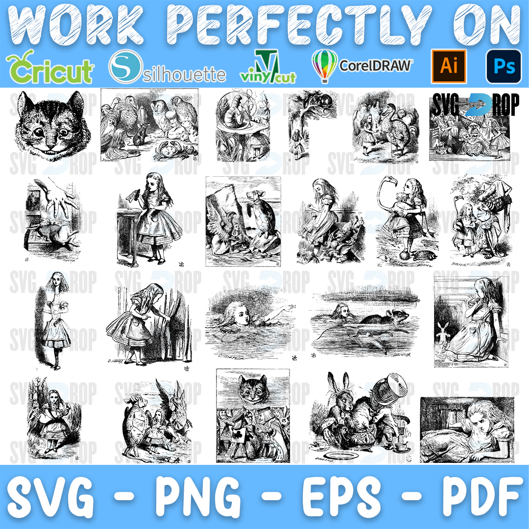 Alice in Wonderland Vintage Cheshire Cat Engravings Bundle SVG