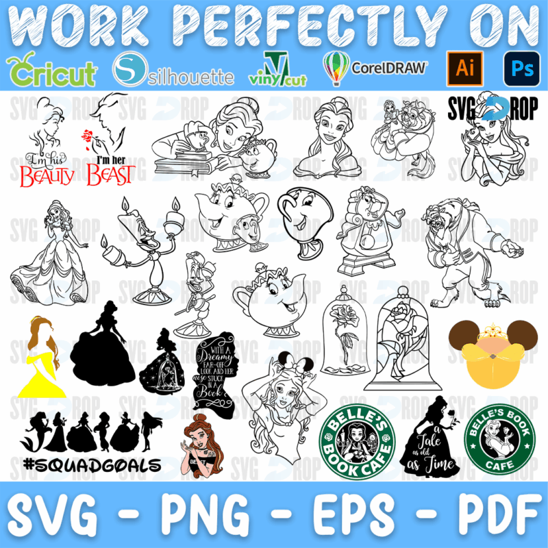 A sheet of mostly line art Beauty and the Beast designs: Belle, the Beast, Mrs. Potts, Chip, Lumiere, the rose, #SquadGoals, Tale as Old. SVG bundle