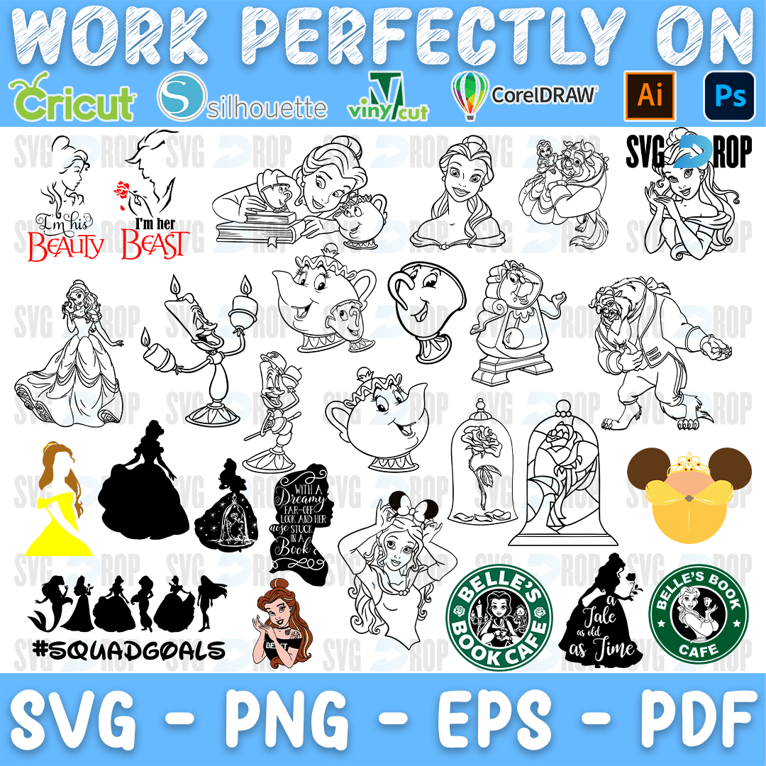 Beauty and the Beast Outlines and Book Cafe Bundle SVG