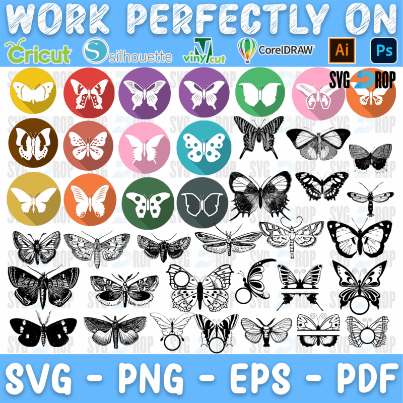 A butterfly set of round colored badges in yellow, red, purple, pink, teal and green with white butterflies, plus black butterflies. SVG bundle