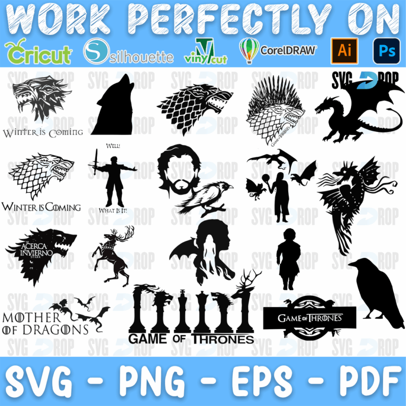 A Game of Thrones silhouette set: Winter Is Coming and Mother of Dragons lettering, direwolf and dragon sigils, Jon Snow, a crow, chess. SVG bundle