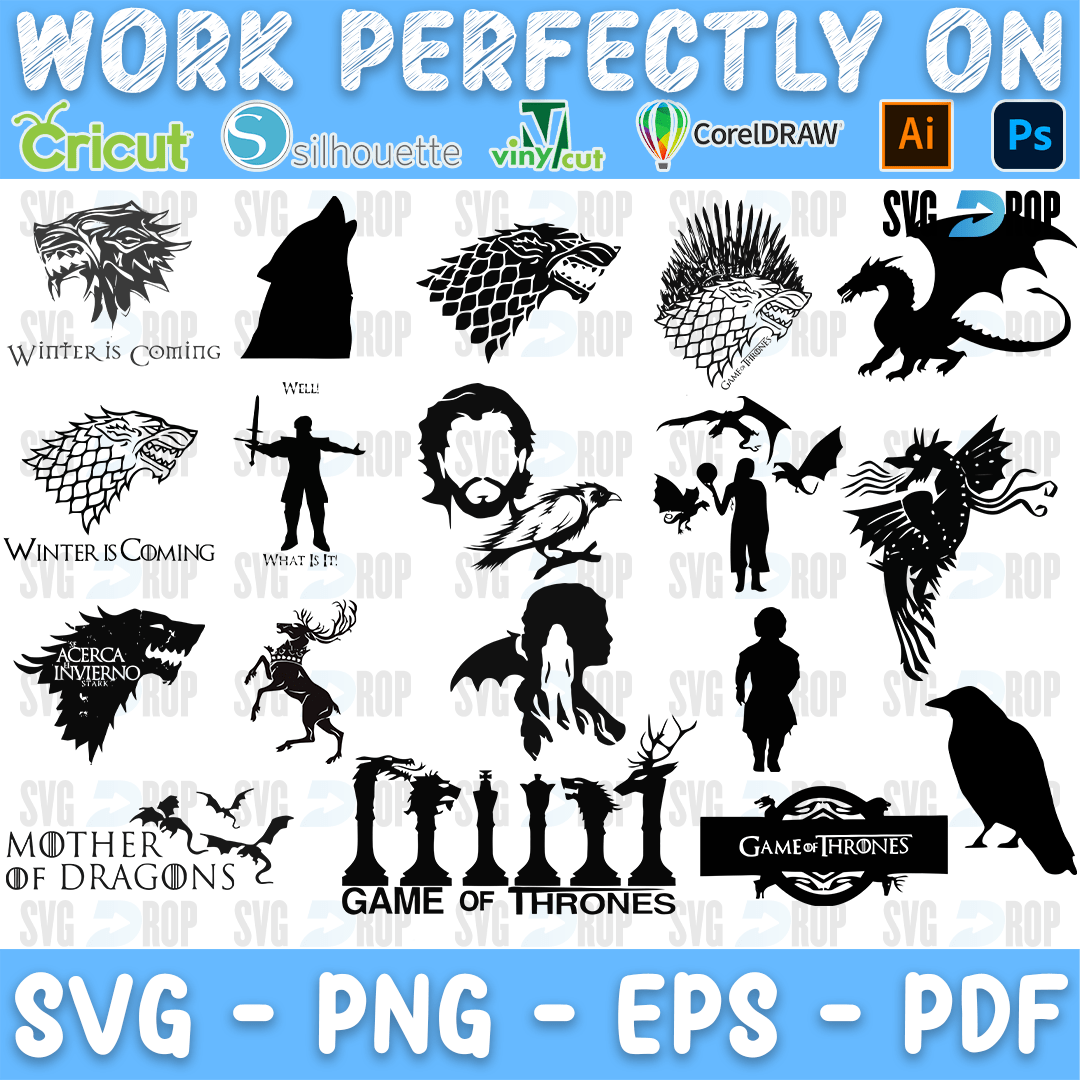 A Game of Thrones silhouette set: Winter Is Coming and Mother of Dragons lettering, direwolf and dragon sigils, Jon Snow, a crow, chess. SVG bundle
