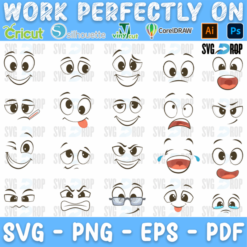 A sheet of simple black line cartoon faces: eyes and mouths that smile, wink, laugh, cry, stick out a tongue, look angry or wear glasses. SVG bundle