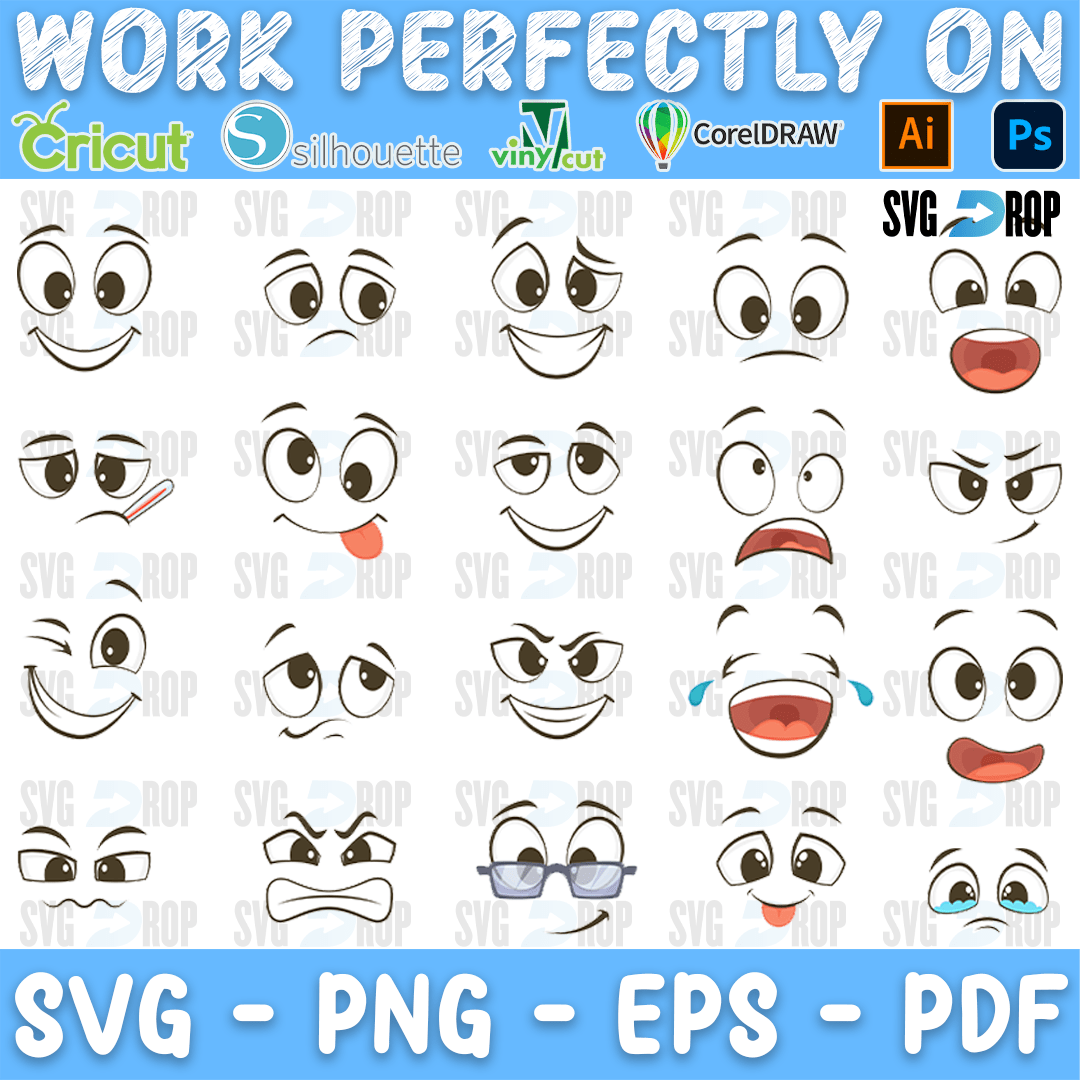A sheet of simple black line cartoon faces: eyes and mouths that smile, wink, laugh, cry, stick out a tongue, look angry or wear glasses. SVG bundle