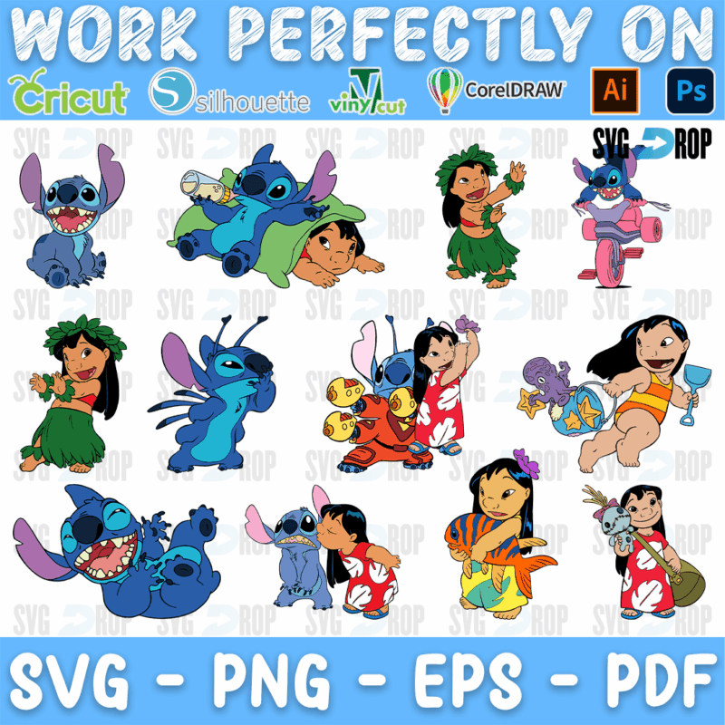 A set of large full color Lilo and Stitch scenes: Lilo dancing hula, Stitch hugging Lilo, Stitch lying on his back, Lilo with Scrump. SVG bundle