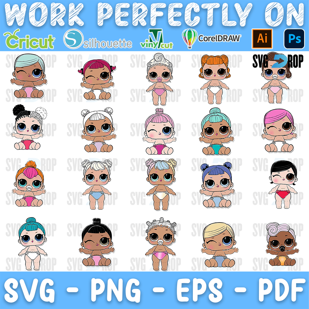 A full color LOL Surprise design set of small baby dolls sitting in diapers, with different hair colors, bows and big eyes. SVG bundle