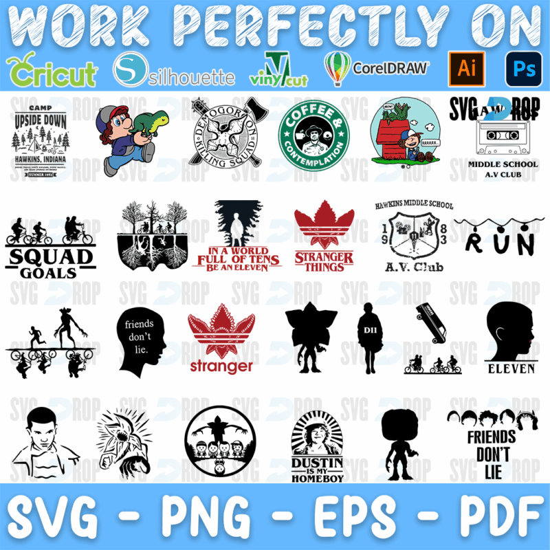 A sheet of Stranger Things designs: kids on bikes, Squad Goals, Hawkins AV Club, a coffee badge, Stranger logo, Run, Eleven and Dustin Is. SVG bundle