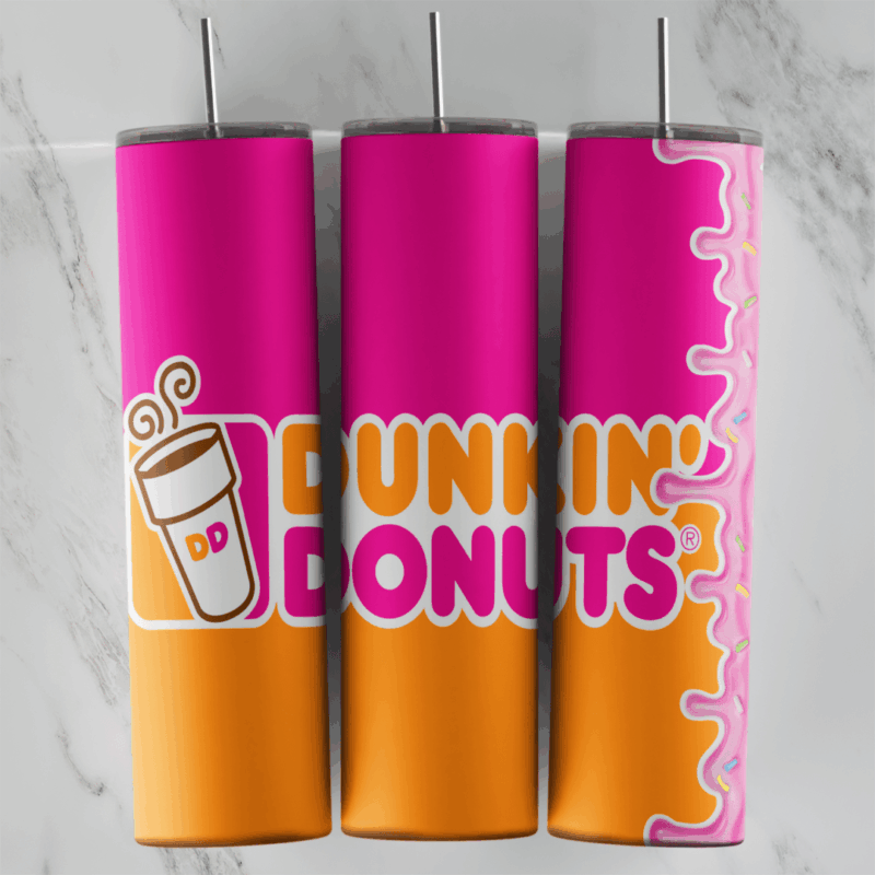 A full 20 oz skinny tumbler wrap in pink and orange with the Dunkin Donuts coffee cup logo, bold Dunkin Donuts lettering. Sublimation design