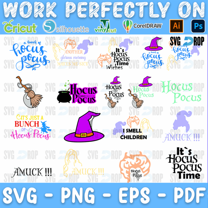 A bundle of Hocus Pocus designs in soft pastel colors: It’s Just a Bunch of Hocus Pocus, It’s Hocus Pocus Time, a purple witch hat. SVG bundle