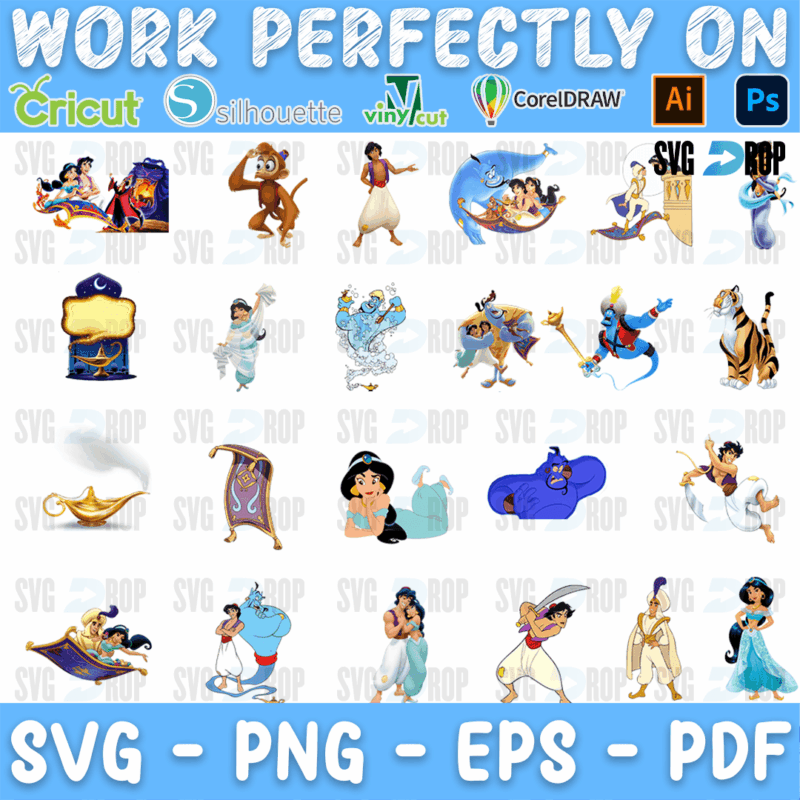 A full color Aladdin set: Jasmine, Aladdin, Abu, the Genie, the magic lamp, the carpet and Rajah, plus Aladdin and Jasmine riding together. SVG bundle