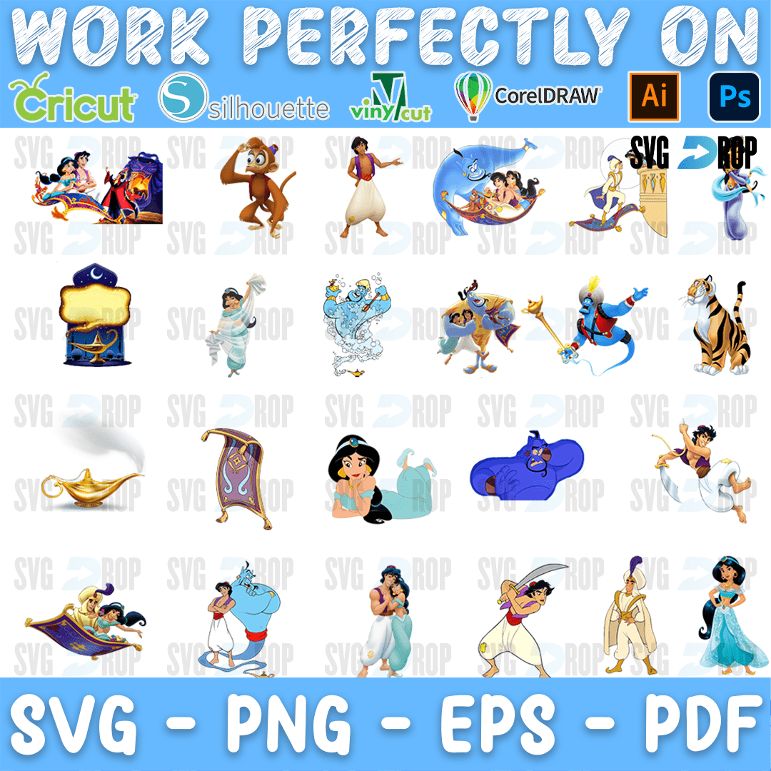 A full color Aladdin set: Jasmine, Aladdin, Abu, the Genie, the magic lamp, the carpet and Rajah, plus Aladdin and Jasmine riding together. SVG bundle