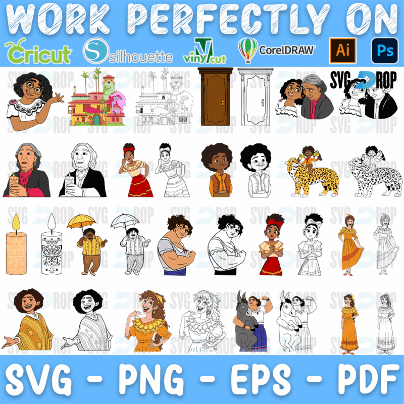 A sheet of Encanto designs: Casa Madrigal, family doors, the magic candle, the jaguar, Abuela, Mirabel with an umbrella and many family. SVG bundle