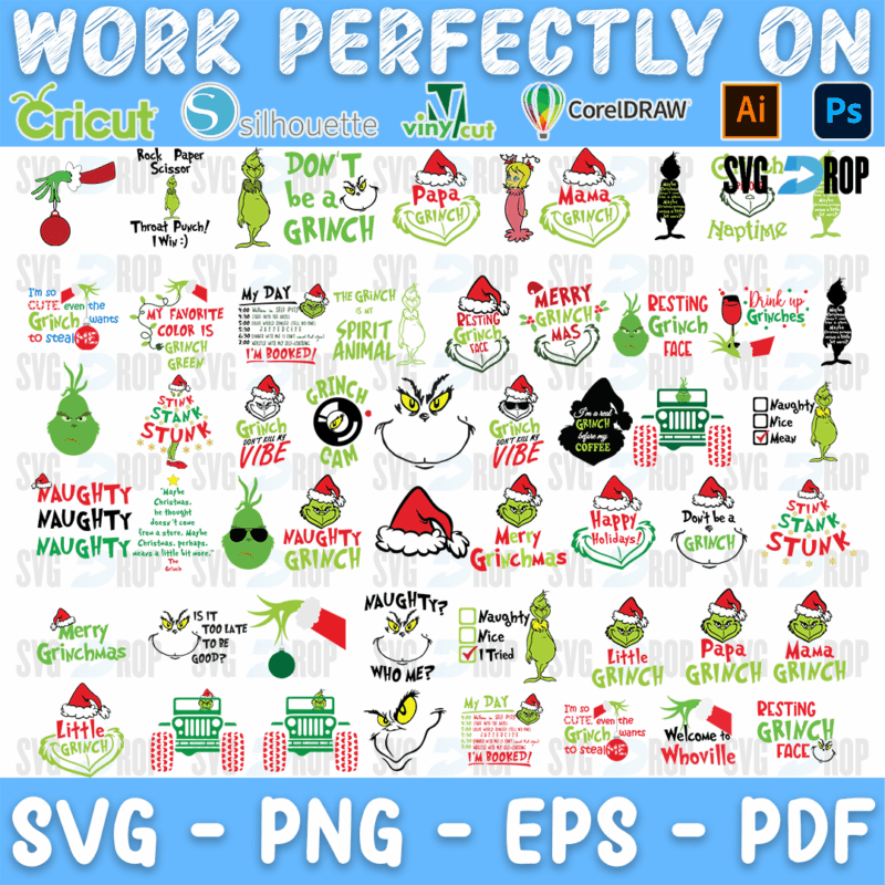 A bundle of Grinch designs: Papa Grinch, Mama Grinch, Little Grinch, Don’t Be a Grinch, Merry Grinchmas, Grinch jeeps, Welcome. SVG bundle