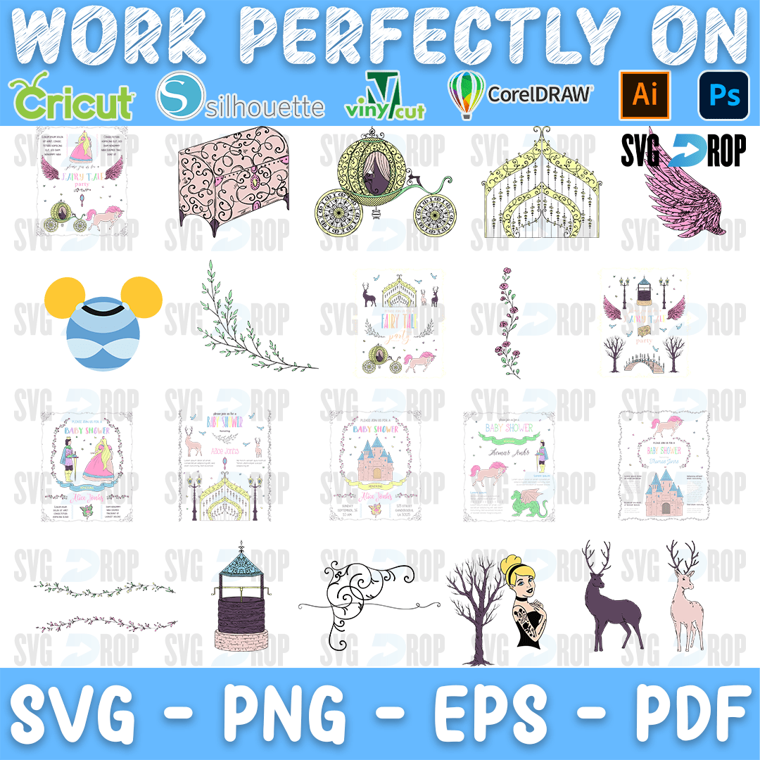 A sheet of soft watercolor style elements: a pumpkin carriage, a castle, a floral bench, a Mickey ears ornament, a wishing well, deer. SVG bundle