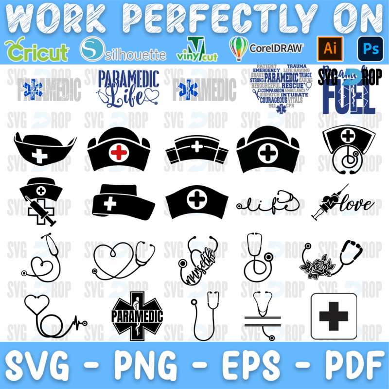 A medical design set: black nurse caps with crosses, stethoscopes, a Paramedic Life design, paramedic star of life, Medic lettering. SVG bundle