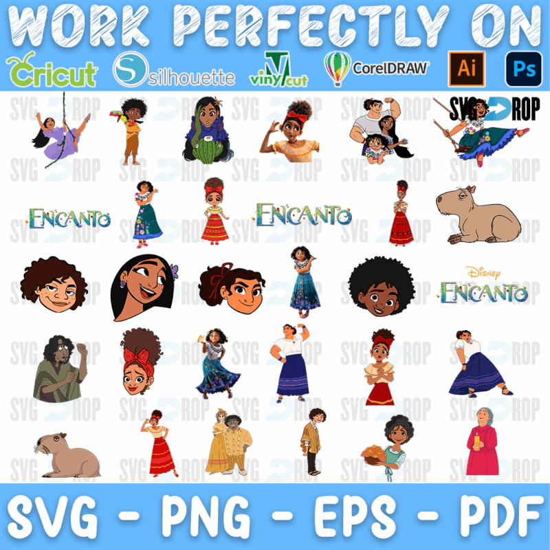 A sheet of full color Encanto characters with Encanto logos: Mirabel, Isabela, Luisa, Camilo, Dolores, Abuela, a capybara and Mirabel’s. SVG bundle