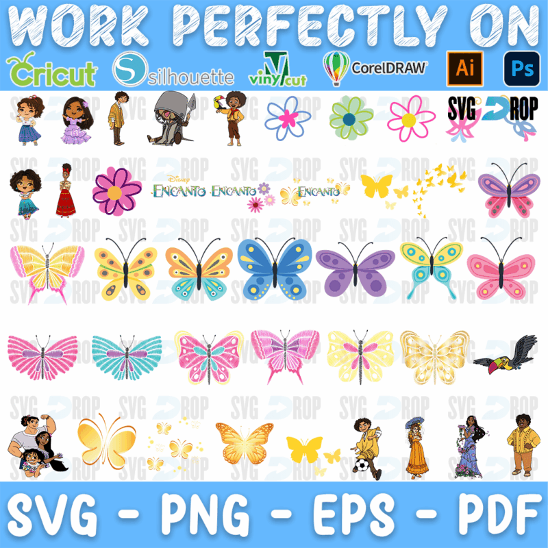 A sheet of pastel Encanto butterflies and flowers with Encanto logos, gold sparkles and small figures of Mirabel and her family. SVG bundle