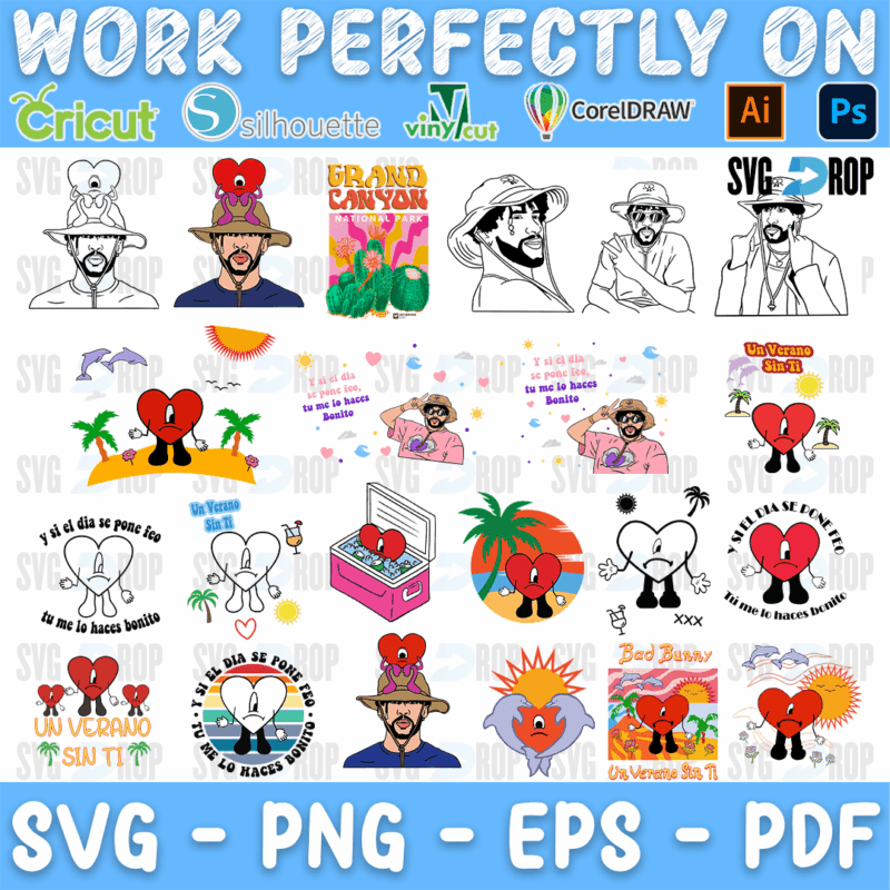 A Bad Bunny design set: the singer in line art and color portraits, the sad heart from Un Verano Sin Ti, beach scenes, palm trees. SVG bundle
