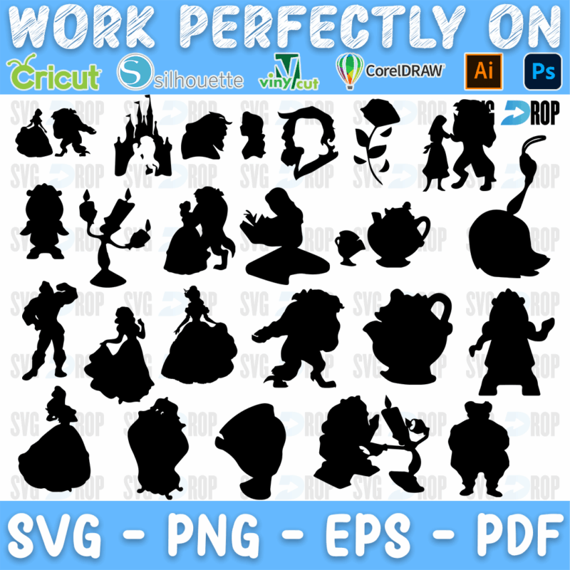 A sheet of black Beauty and the Beast silhouettes: Belle, the Beast, Gaston, Lumiere, Cogsworth, Mrs. Potts and Chip, the castle. SVG bundle